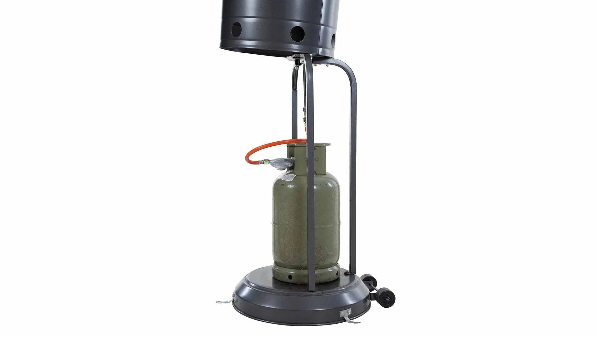 gasfles van een grijze Sur piede Sargas gas chauffage de terrasse met 14000 Watt