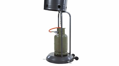 gasfles van een grijze Sur piede Sargas gas chauffage de terrasse met 14000 Watt